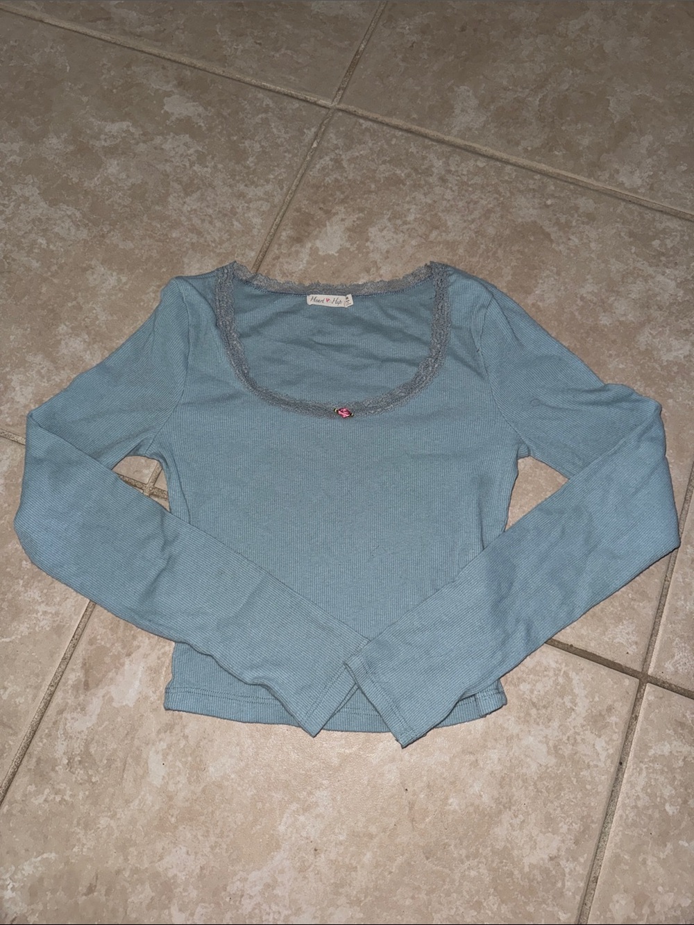 Heart Hips Powder Blue Long Sleeve Scoop Lace Trim Top